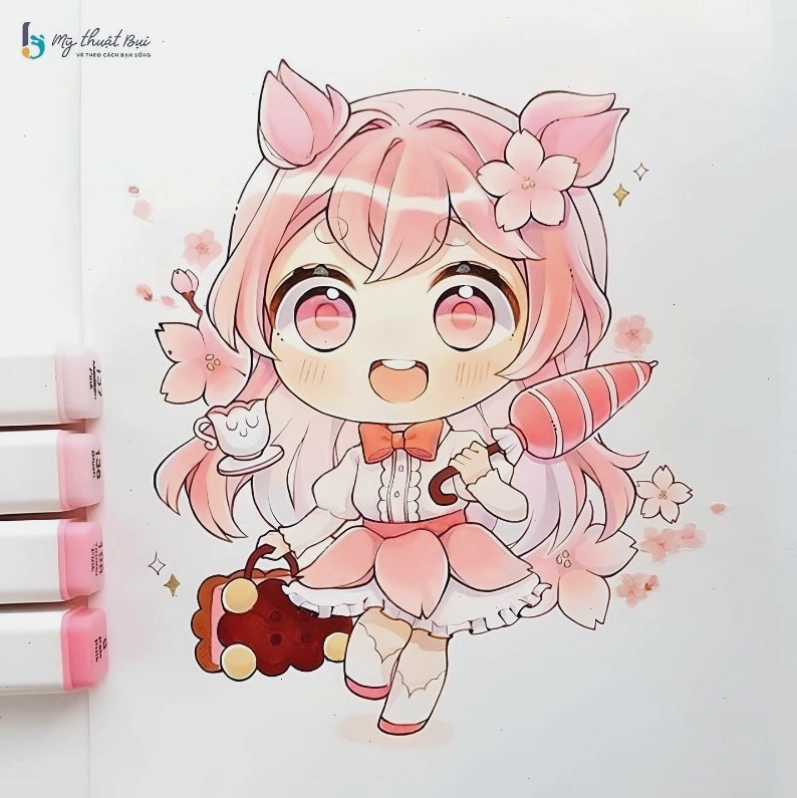 Cô gái chibi nữ với đôi mắt to tròn và nụ cười rạng rỡ