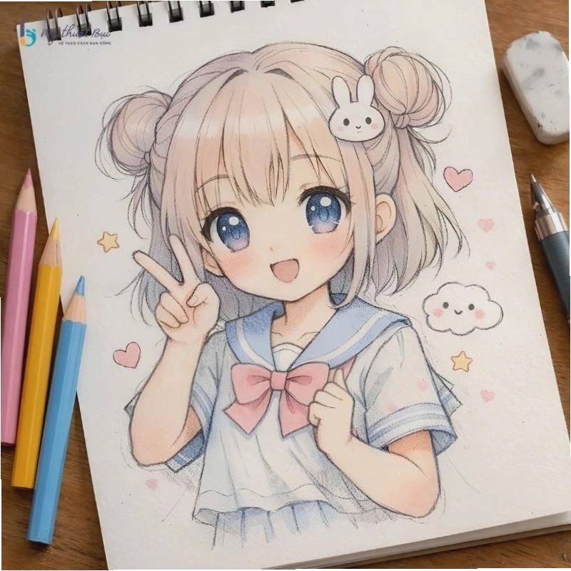 Tác phẩm vẽ anime nữ đẹp với chi tiết trang phục ấn tượng